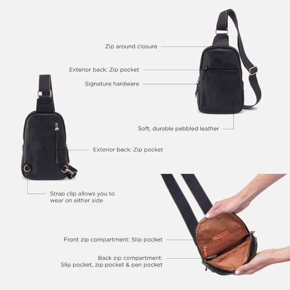 Cass leather sling bag for women, cream, 7.5" W x 11" H x 2" D, adjustable strap - Picture 5 of 7